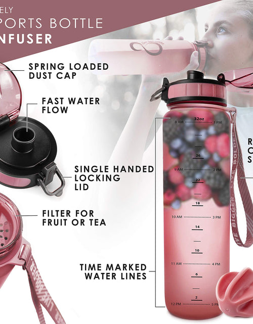 Load image into Gallery viewer, Gym Water Bottle with Time Marker Fruit Infuser and Shaker 34 Oz Amethyst
