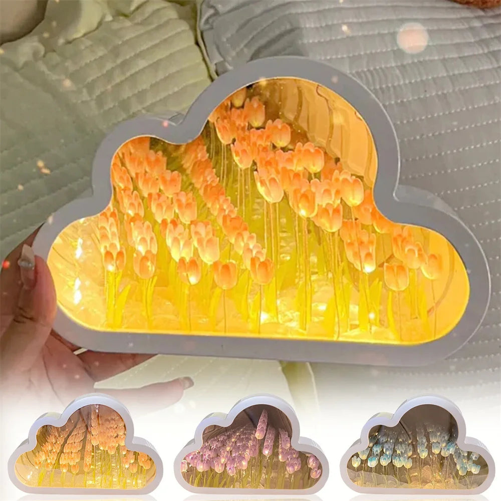 Forever Cloud Mirror Tulips DIY Tulip Night Light Tulip Flower LED Lamp Birthday Gift for Girl Friend Valentine'S Day