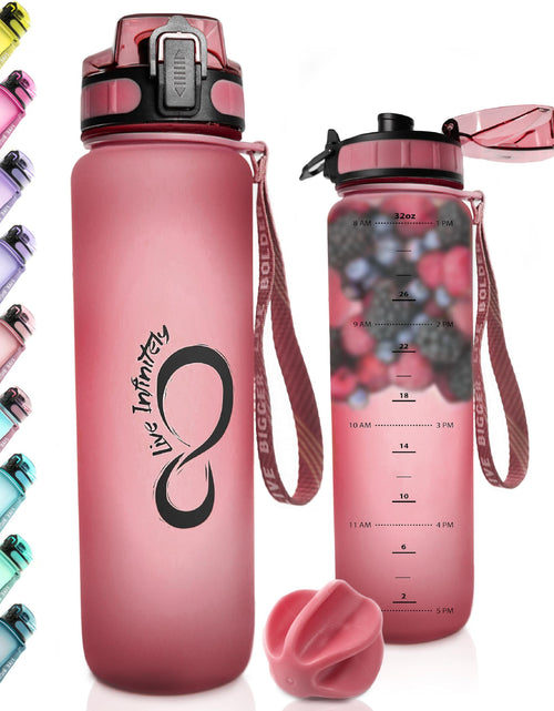 Load image into Gallery viewer, Gym Water Bottle with Time Marker Fruit Infuser and Shaker 34 Oz Amethyst
